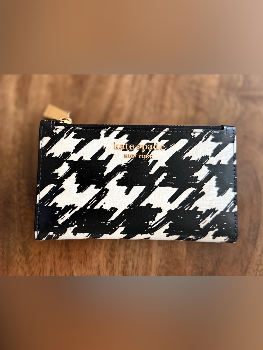 New Kate Spade Morgan Houndstooth Small Slim Bifold Wallet Black Multi